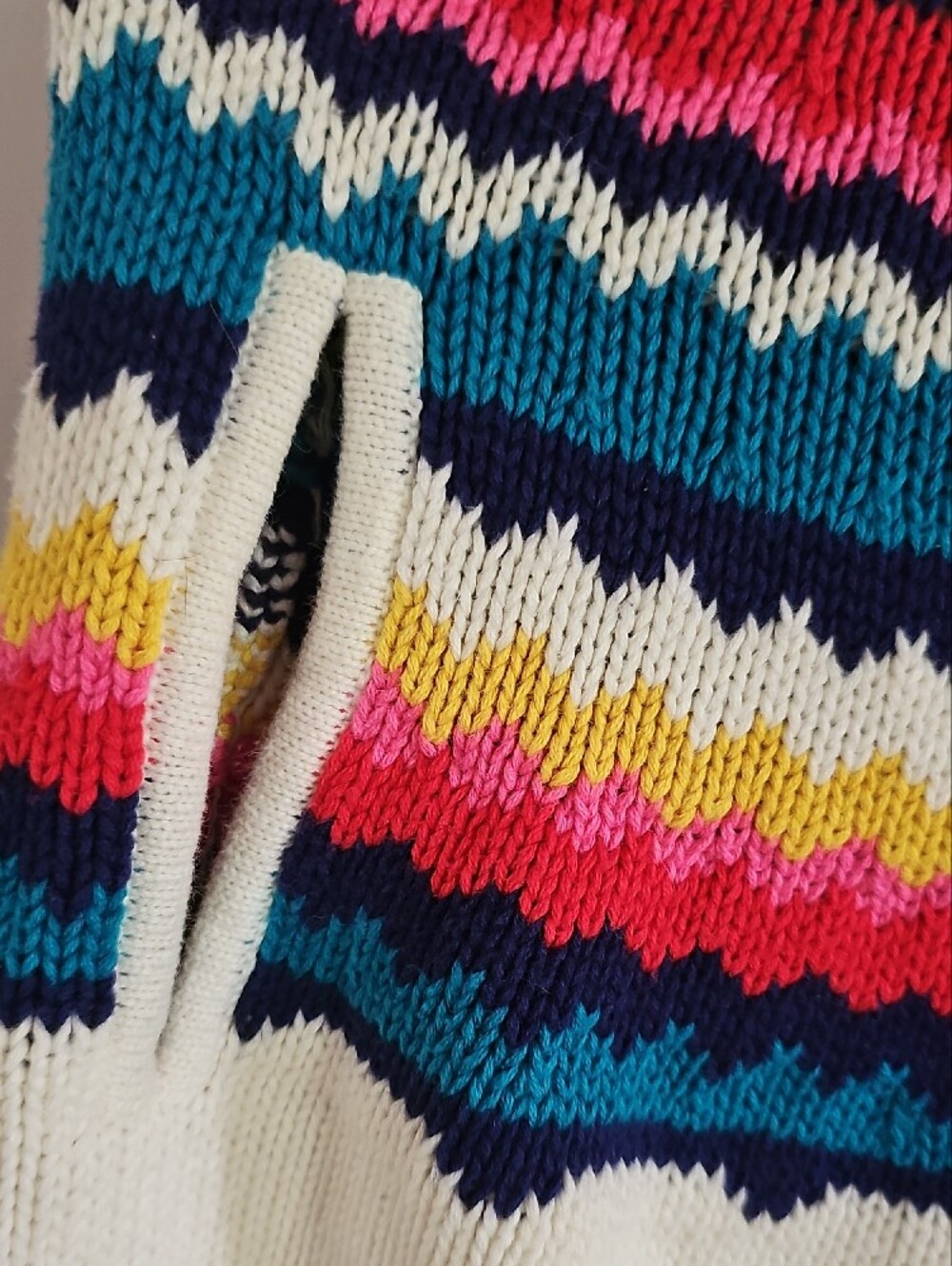 Cream Hooded Knit Cape with Multicolor Fair Isle Stripes - Picture 3 of 7